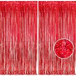 BRAVESHINE 2PCS Red Foil Fringe Curtain Backdrop, 8ft Sparkle Tinsel Metallic Curtains for Birthday Graduation Photo Booth Backdrop Valentines Christmas Halloween Mexican Circus Party Decorations