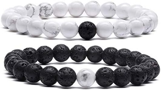 MengPa Mens Beaded Bracelets Couples Matching Bracelet Set Lava Rock Beads for Women Stone Jewelry (Howlite-White) US4163E