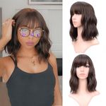 VCKOVCKO Short Bob Wigs Natural Black Wavy Wig With Air Bangs Women's Shoulder Length Wigs Curly Wavy Synthetic Cosplay Wig Pastel Bob Wig for Girl Colorful Wigs(12", Natural Brown)