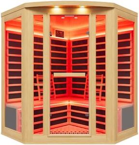 Albott 4-5 Person Corner Infrared Sauna, Low EMF 2800W/220V/15A Home Sauna | Space-Saving Design, Canadian Hemlock Wood, 9 Carbon Panels, 7-Color Light Therapy, Light Strips & Bluetooth, Home Gym Use