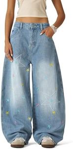 Aelfric Eden Stars Embroidery Baggy Barrel Jeans Wide Leg Y2K Denim Pants Straight Loose Jeans Streetwear Unisex Blue 28