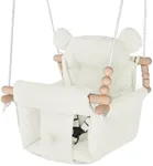 Baby Swing Indoor Outdoor,Secure Canvas Wooden Toddler Swing Seat, 3-Point Adjustable Safety Harness,Mounting Hardware Included,Gift for Boys and Girls,Beige