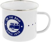 BRISA VW Collection - Volkswagen Bus T1 Camper Van Kombi Enamel Coffee Mug, Tea Cup for Kitchen, Garage, Office - Camping-Equipment / Gift-Idea / Souvenir (Design: Enamel/On the Road since 1950/Blue/White)