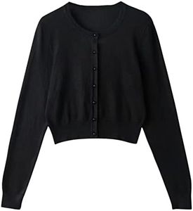 Women's Long Sleeve Button Cardigan Top Crew Neck Cropped Navel Sweater (12, Black)