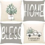 CJWLKJ Farmhouse Throw Pillow Covers 18x18 Set of 4, Spring Summer Pillow Cases Car Flower Letters Decorations Vase Home Sweet Home Linen Cushion Case Gifts for Couch Sofa Bed Home Decor (Grey)