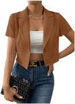 OYOANGLE Women's Button Down Lapel Neck Crop Jackets Short Sleeve Business Blazers Brown X-Large