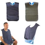 2Pcs Adult Bibs with Crumb Catcher, Waterproof and Reusable Washable Mealtime Clothing Protectors for Elderly Men and Women, Checkered