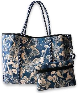 POPUPS Large Neoprene Tote Bag for Women - Everyday Designer Handbag for Travel Work and Beach with Pockets and Zipper Pouch (Prints Shrooms Teal)