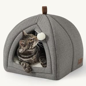 Bedsure Cat Beds for Indoor Cats - 2 in 1 Cat Cave for Kittens and Small Pets, Foldable Cat House Tent with Removable Washable Cushioned Pillow, Cat Hideaway with Non-Slip Bottom, Grey, 16 inches