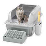 HiHloy Enclosed Stainless Steel Cat Litter Box with Lid, Extra Large Metal Litter Pan Tray with High Wall Sides, Large Scoop Holder, Sloping Pedal, Non-Sticky, Anti-Leakage, Easy Cleaning