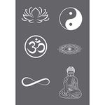 Rayher 45136000 Set of Mask Stencil Squeegee for Paper Crafts, Card Making and Painting, Reusable Silk Screen Template with Buddha and Yoga Themed Symbols, 14.8x21cm, colourless, A5