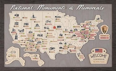Lemap US Wooden National Monuments & Memorials Travel Map With Pins To Record Visits (Light Grey) (XL: 27 x 17 inch)