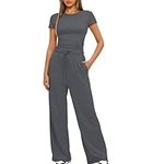 KUIH Women's 2 Piece Short Sleeve Tracksuit for Women UK Soft Stretch Loungewear Set Plus Size Wide Leg Trousers High Waist Yoga Outfits Ladies Casual Jogger Set Gym Clearance