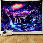 FENDROM Blacklight Galaxy Planet Tapestry UV Reactive Waterfall Landscape Tapestries Fantasy Moon Night Mountain Wave Wall Hanging for Room