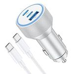 iPhone 15/15 Pro Max Car Charger, 67W 3-Port USB C Car Charger Fast Charging Cigarette Lighter Adapter with Type C to C Cable for iPhone 15/15 Plus/15 Pro/15 Pro Max, iPad Pro/Air/Mini, AirPods Pro