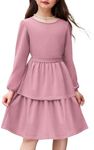 Arshiner Girl's Long Sleeve Dress Sparkly Glitter Dual-Layer Semi Formal Party Dresses with Belt Dirty Pink 7-8 Years