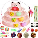 Suhaco 26 PCS Cat Toys for Indoor Kitten, Cat Interactive Roller 4 Level Track Kitty Toys with 4 Colorful Balls, Self Play Cat Ball Toys Frather Wand Pet Toys for Boredom (Pink)