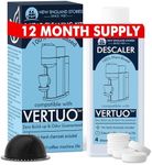 (12 Months Supply) Nespresso Compatible Vertuo Descaling Kit, Odorless Coffee Brewer Machine Descaler Set, Liquid Descaling Solution for Nespresso, Includes Reusable Pod and 12 Cleaning Tablets