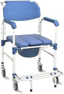 Shower Chair with Wheels Aluminum 4 in 1 Bedside Commode Chair with Foldable Pedal, Mobile Transport Chair Toilet with Detachable Bucket, for Seniors and Disabled, Weight Capacity 330LB (Blue)