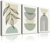 KBKBART Sage Green Boho Wall Art Set 3,Minimalist Framed Geometric Line Leaf Beige Green Canvas Painting,Abstract Room Decor,Sage Green Poster&Print Living Room,Bedroom,Bathroom,Office,12''x16''