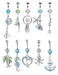 FIBO STEEL 10 Pcs Dangle Belly Button Rings for Women Girls 316L Surgical Steel Curved Navel Barbell Body Jewelry Piercing