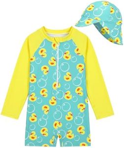 WYTbaby Baby Boy Rash Guard Swimsuit Set with Sun Hat, Long Sleeve One Piece Zipper Sunsuit for Infant Toddler 2-3T Yellow Duck