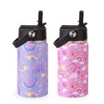 Kids Insulated Water Bottle, 2 Pack 12oz Rainbow Water Bottles Bulk with Flip Straw & Big Handle, 18/8 Stainless Steel, Gifts for Kids Girls to School Travel Sports, Hands Wash Only, Pink & Purple