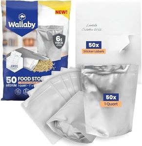 50x Wallaby 1-Quart Gusset Mylar Bag Bundle - (6 Mil - 7" x 10") Stand-Up Zipper Pouches + 50x Labels - Heat Sealable, Food Safe, & Reliable Long Term-Food Storage Solutions - Silver