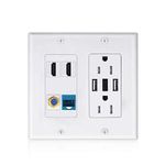 Wallplate Charger Outlet USB,2 Power Outlet 15A with Dual 3.6A USB Charger Port Wall Plate with LED Lighting, 2 HDMI HDTV + 1 CAT6 RJ45 Ethernet + Coaxial Cable TV F Type Keystone Face Plate White