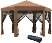 Outsunny 3.2m Pop Up Gazebo Hexagonal Canopy Tent Outdoor Sun Protection with Mesh Sidewalls, Handy Bag, Brown