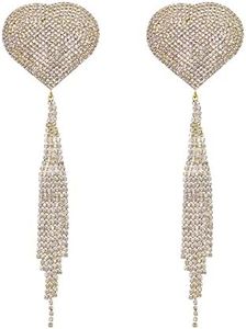 ZGMYC Sparkly Rhinestones Metal Chain Nipple Cover with Tassel, Reusable Adhesive Pasties Sexy Bra Body Chain, Gold Rhinestones, One size