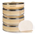 Dasoguy 10.6 Inch Handmade Bamboo Steamer with Whole Metal Rings, 3 Tiers Steam Basket for Dumpling Dim Sum Bun Rice Chinese Food, Includes 1 Set of Chopsticks & 3 Cotton Liners