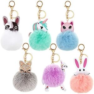 WILLBOND 6 Pièces Porte-Clés Pom Pom Animal Mignon Porte-Clés Moelleux en Fausse Fourrure pour Femmes Filles