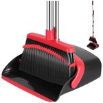 NACENA Broom and Dustpan Set, 52-in Long Adjustable Handle Broom Dustpan Combo with Dustpan Teeth to Automatically Clean Hair Suitable for Home Kitchen Office Hall Floor（Black&Red）