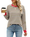 WIHOLL Womens Long Sleeve Shits Striped Tops Crewneck Sweatshirt Block Color T-Shirts Brown M