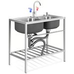 Freestanding Kitchen Stainless Steel Utility Sink,2 Compartment Stainless Steel Bar Sink with Hot and Cold Tap,Outdoor Indoor Double Bowl Sink Hand Wash Basin 82cmx45cmx85cm