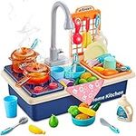 Play Kitchen Sink Toys with Upgraded Real Faucet, Play Cooking Stove, Cookware Pot and Pan,Play Food, Dishes Accessories Pretend Play Wash-up Sets with Running Water for Boys Girls Toddlers(Blue)