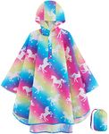 Lightweight Girls Rain Poncho Waterproof Toddler Raincoat Reusable Kids Rainwear Portable Unicorn Rain Slicker Outwear with Pouch Youth Rainbow Rain Jacket With Hood for School Travel Camping