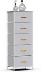 Vertical Storage Drawers Tower Fabric Chest Dresser, Tall Organizer Dresser for Bedroom, Nursery, Closets, Sturdy Steel Frame with Wooden Tabletop, Commode de Chambre(5 Drawers, Light Grey)