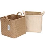 Sea Team Storage Baskets Organizer Box Bins in Jute and Cotton Linen Foldable with Handle Decorative for Home Toiletry Stationery Sundries Toys Jewerly Color Beige 26 * 26 * 26CM 2PCS