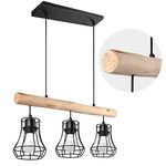 Eusamxon Pendant Light Rustic Natural with 3 -Lights Cage Pendant Lighting,Retro 3-Flame Hanging lamp Made of Steel and Wood,Socket: E27,Industrial Pendant Lamp for Bedroom Kitchen,Dining Room