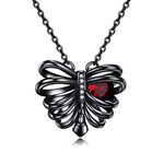 URONE Sterling Silver Rib Necklace Black Pendant with Red Heart Zircon Gothic Skull Halloween Jewellery Birthday Gifts for Women Girls