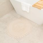 Unique Round Boho Bath Mat with Crochet Contour - 100% Cotton Boho Bathroom Rugs -Reversible - Decorative Non-Slip Bohemian Rug for Bath and Bedroom - Cute Boho Decor - Neutral Cream 30"