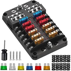 Marine Fuse Block 12v Fuse Box: 12Way Boat Fuse Panel 12v Power Distribution Block with LED Warning Indicator Waterproof Cover 12 Circuit Terminal Block with Negative Bus 12volt Automotive Fuse Holder