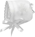 Stephan Baby Bonnets - White Cotton Christening Bonnet with Cutwork Embroidered Cross and Satin Bows, One Size, Scalloped Hem