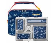 NikNesh Planet Stainless Steel Lunch Box with Bag and 5 Compartments for Adults and Kids, Space Animals Carry Bag (Blue)