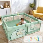 Dawnwake Playpen 150x180cm for Baby 0-5 Years with Safety Lock, Playard with 5-10 Ocean Balls and 2 Grasp Rings (No Mat, Non-Foldable) - Green