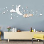 Cloud Moon and Stars Mirror Wall Stickers, Removable Acrylic Moon and Stars Wall Mirror Stickers Decals, 3D Moon Star Art Wall Decoration for Baby Kid Bedroom Living Room Ceiling (Silver)