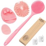 Manmihealth Silicone Back Scrubber & Soft Bath Glove Set 4 PCS(Thin Bristles), Super-Exfoliating Body Scrubber & Super-Lathering Shower Brush Combination, with 2 Free Hooks (Pink)