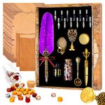 MPRINCE Quill Pen-Feather Calligraphy Pen Ink Set.Includes Feather Dip Pen.Ink.12 Replacement Nibs.Pen Holder.2 envelopes.8 sheets of envelope paper.Tree of Life Seal(Purple)